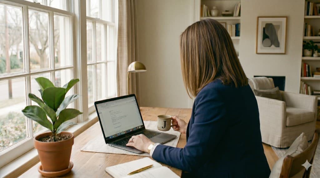 Jennifer Chase at a sunlit desk with a laptop, notebook, and coffee mug